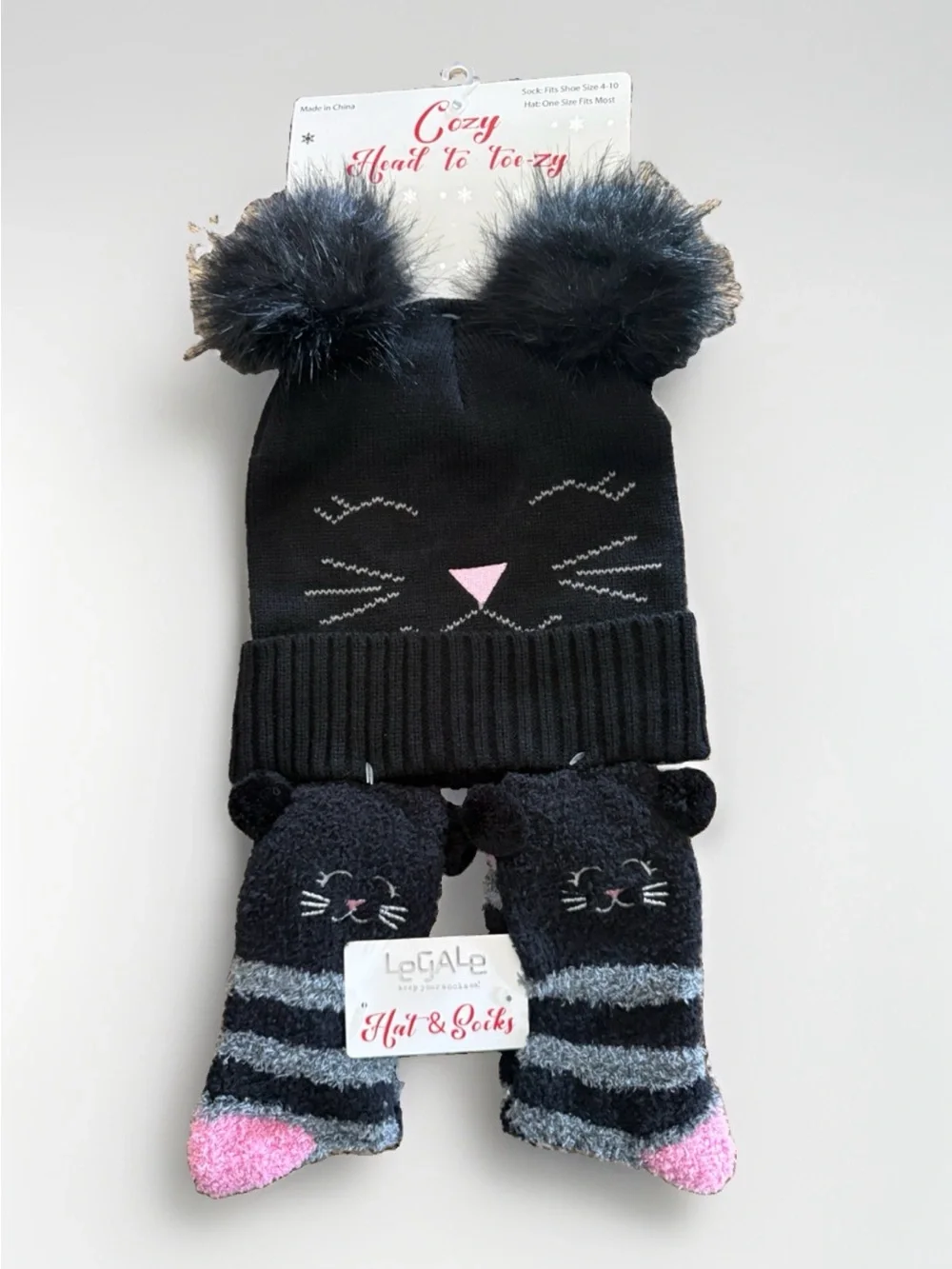 LeGale Cat Hat & Socks Set Black Pink Pom Pom Beanie Cozy Winter New